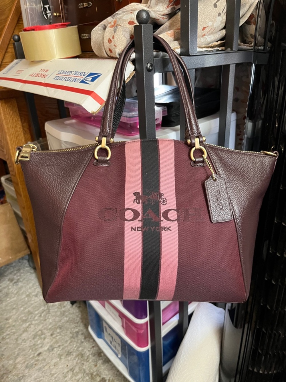 Coach Burgundy and Pink Striped Prairie Satchel Tote